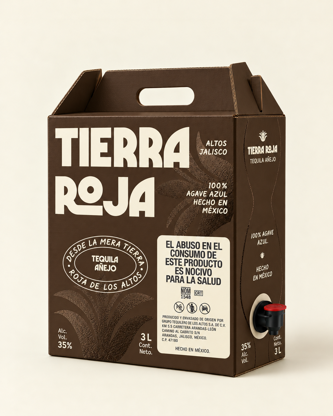 Tierra Roja Añejo 3 L, render de empaque para México