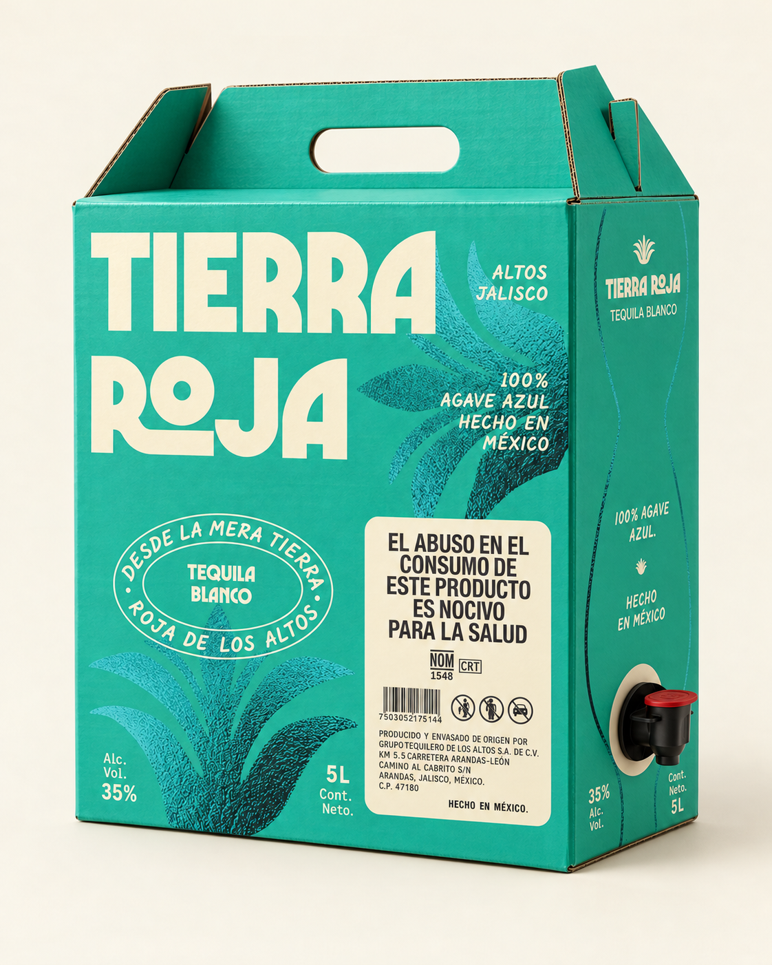 Caja de tequila Tierra Roja con asa y dispensador lateral